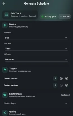 CISmate Flutter app: semester planning preferences, course targets, and schedule controls
